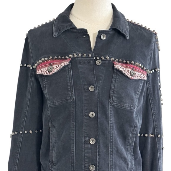 GUESS Black Denim Jean Jacket Leather Fringe Studded Size M Western Concert Stud - Picture 7 of 10
